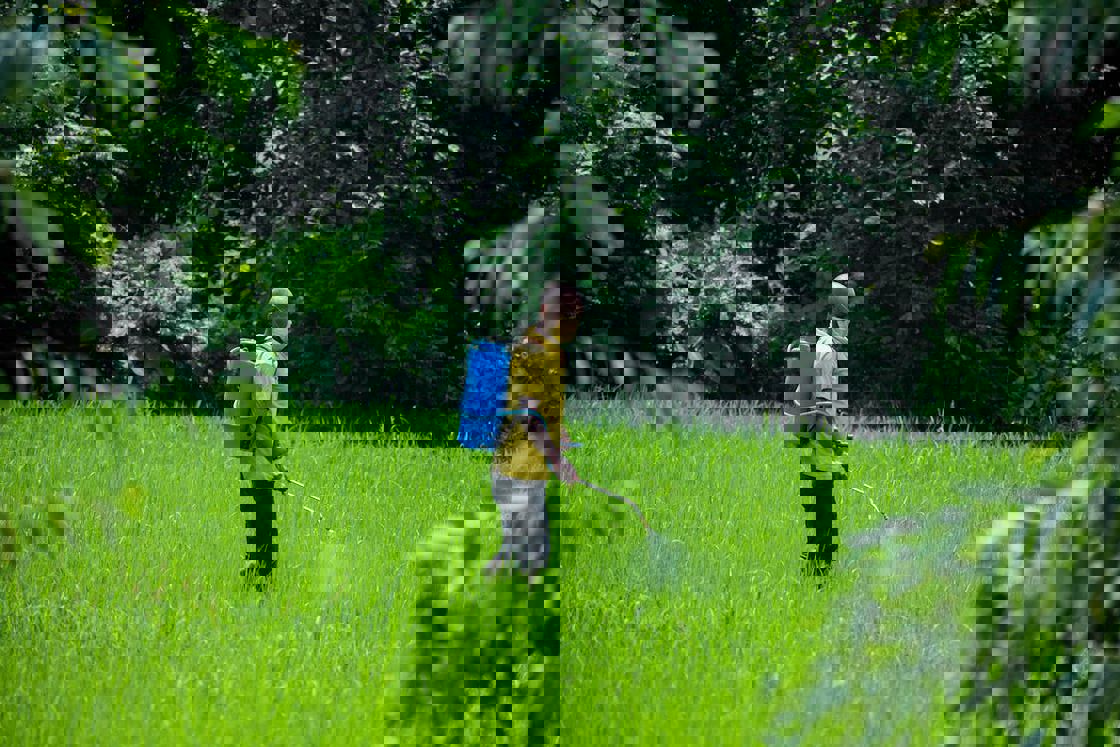 Man with a blue portable container on his back, spraying pesticide on a vast green field